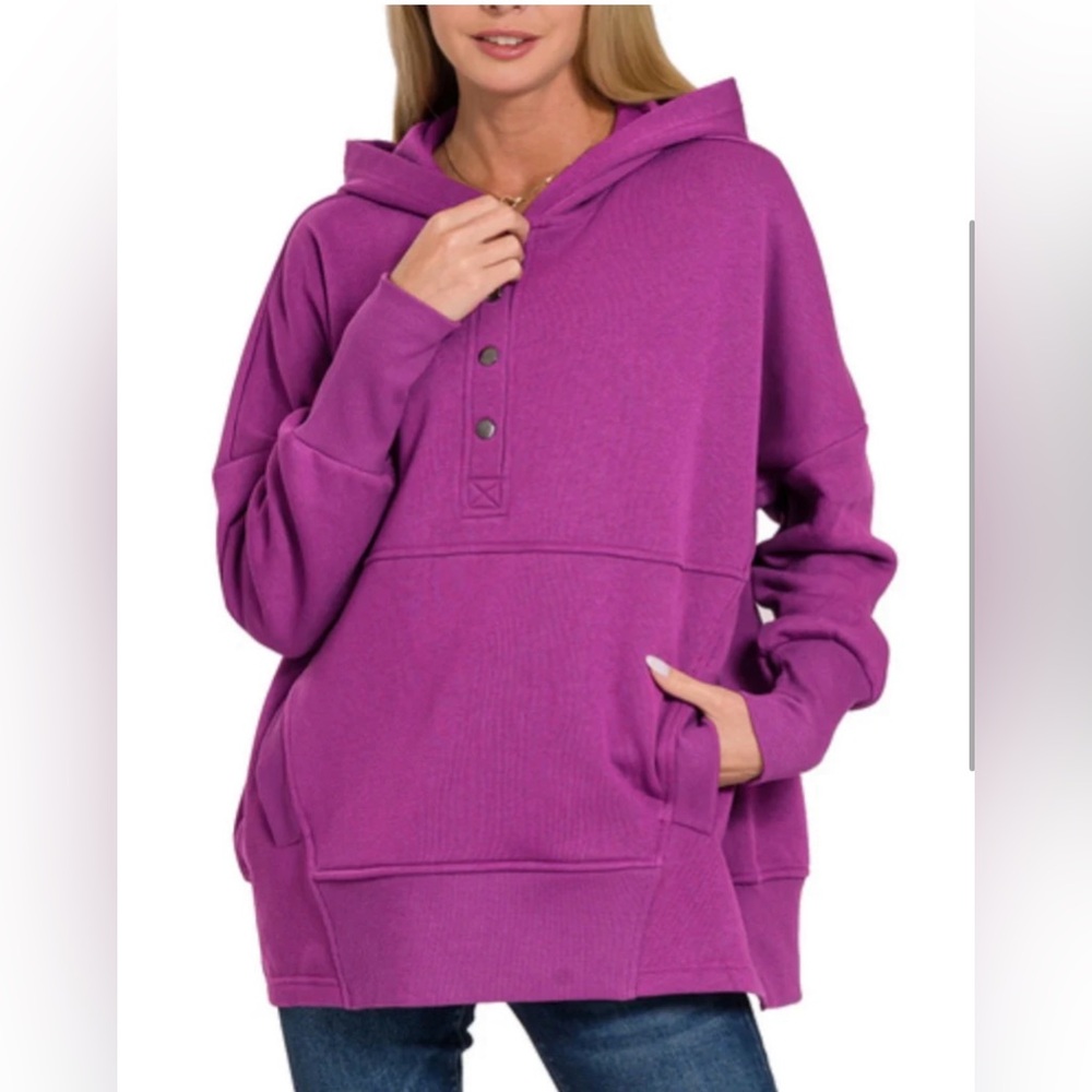 ZENANA DARK PLUM  HALF BUTTON FLEECE HOODED PULLOVER - Picture 2 of 5